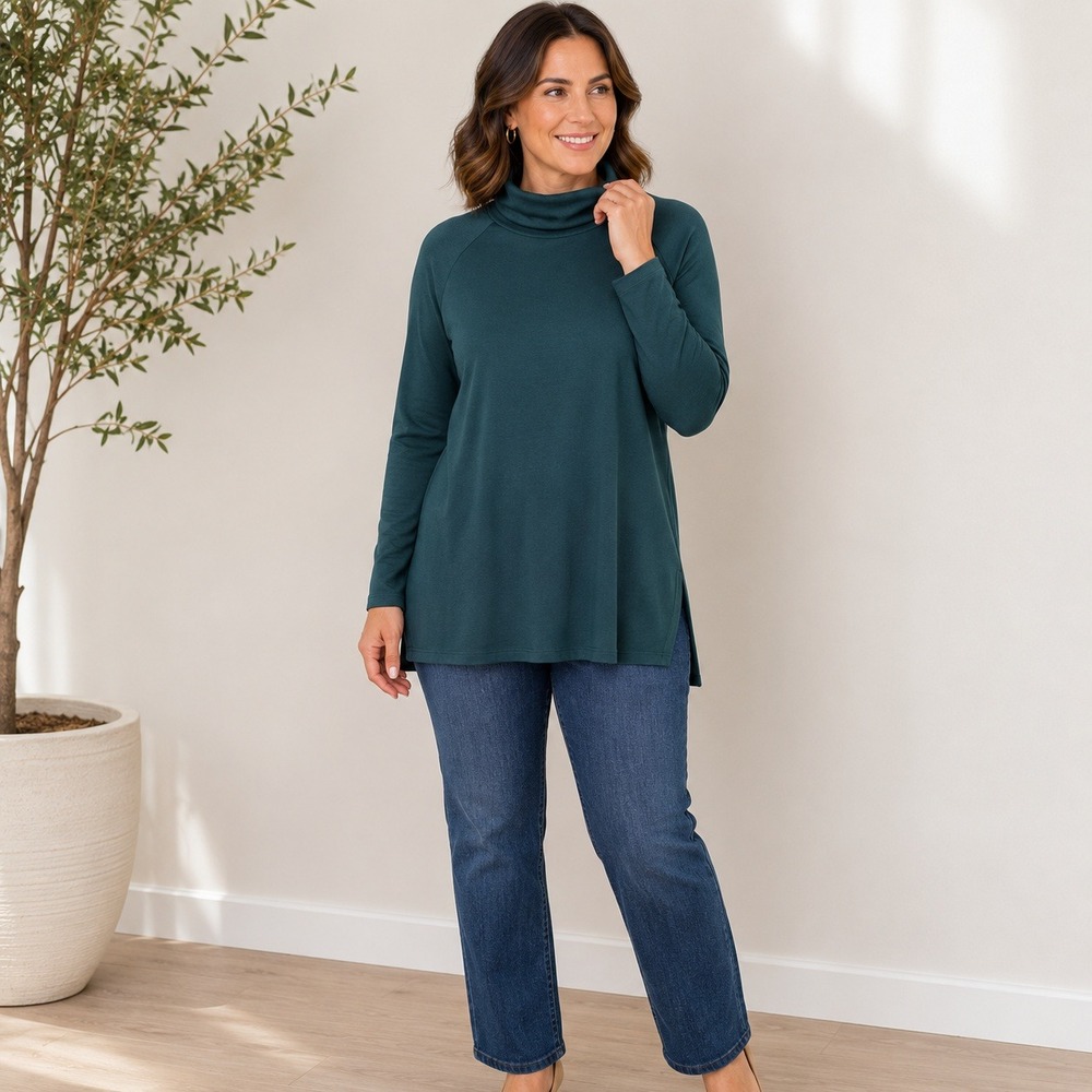 J.Jill Luxe Supima‎ Everyday Turtleneck Tunic Forest Green Raglan Sleeve Large